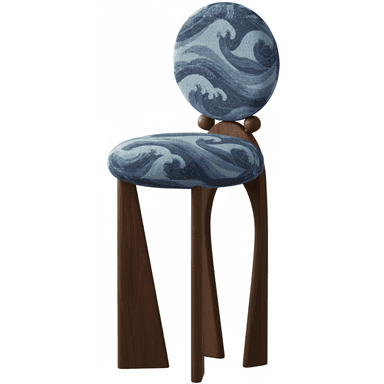 A highly stylized dining chair featuring a dark wooden frame and circular upholstered seat and backrest. The upholstery displays a blue and white wave pattern. The chair has uniquely shaped legs, with two splayed front legs and one curved back leg, connected to the backrest by spherical wooden elements. — 3D model (AI enhanced source)