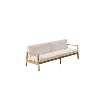 A modern two-seater sofa featuring an exposed light-toned wooden frame and plush, off-white upholstered cushions. The design is minimalist, with clean lines and visible joinery, suggesting a contemporary aesthetic. — 3D model (AI enhanced source)