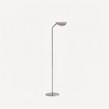 A sleek, minimalist floor lamp featuring a slender vertical stem, a flat circular base, and a semi-circular shade angled upwards. The entire lamp is rendered in a uniform brushed metal finish. — 3D model (AI enhanced source)