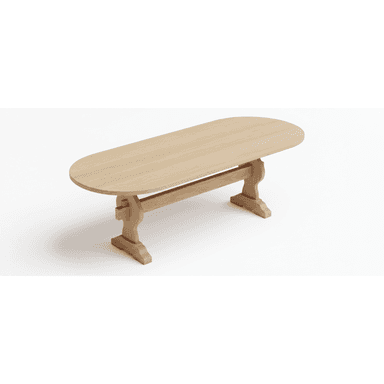 An oval dining table constructed from light-toned wood, featuring a distinctive trestle base. The tabletop is smooth and has rounded edges, while the base consists of two pedestals connected by a stretcher, presenting a sturdy and classic design. — 3D model (AI enhanced source)