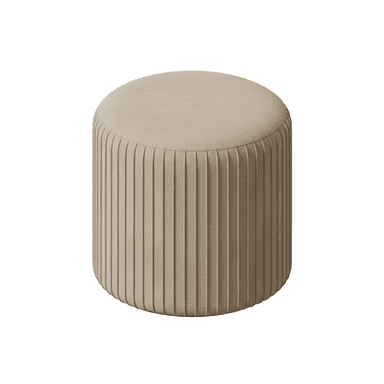 A contemporary cylindrical ottoman featuring a fully upholstered design with a smooth, rounded top surface and vertically fluted sides. The piece is rendered in a neutral beige or taupe fabric, presenting a clean and versatile aesthetic. — 3D model (AI enhanced source)