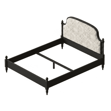 A traditional black-painted wood bed frame featuring an upholstered headboard with a scrolled top edge and turned posts. The fabric on the headboard has a subtle, light-colored botanical pattern. The frame includes side rails, a footboard with turned posts, and a central support beam. — 3D model (AI enhanced source)