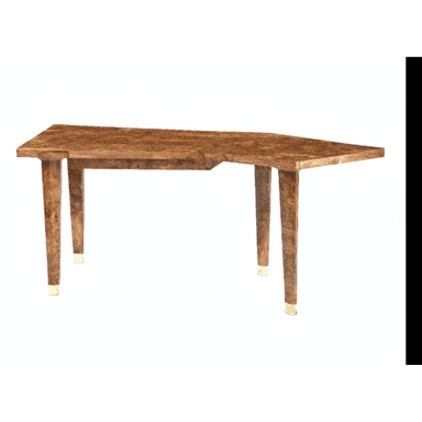 A modern console table crafted from richly figured burl wood, featuring an asymmetrical, somewhat trapezoidal top and four tapered legs with brass ferrules. — 3D model (AI enhanced source)