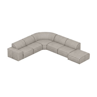 A contemporary modular sectional sofa featuring an L-shaped configuration with a curved corner unit and an integrated ottoman extension. The sofa is upholstered in a light grey or greige fabric with prominent black contrast stitching along all seams, highlighting its clean, architectural lines. It has a low-profile design with wide, flat armrests and seat cushions, suggesting a modern and minimalist aesthetic. — 3D model (AI enhanced source)
