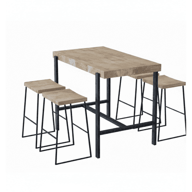 A modern industrial-style high-top dining or bar set, featuring a rectangular table and four backless stools. Both the table and stools are constructed with light-colored, natural wood tops/seats and sturdy black metal frames, designed for a cohesive and functional aesthetic. — 3D model (AI enhanced source)
