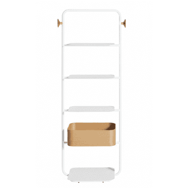 A tall, slender wall-mounted shelving unit featuring a white metal frame, multiple white metal shelves, and one integrated light wood storage basket. The frame has rounded corners, and there are two small wooden knobs at the top. — 3D model (AI enhanced source)