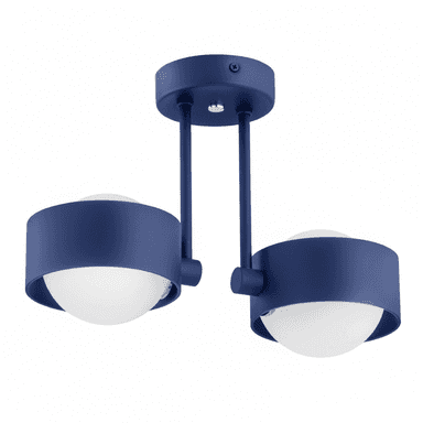 A modern two-light ceiling fixture featuring a matte blue finish on its metal frame and cylindrical bands, each housing a spherical frosted white glass diffuser. The fixture connects to the ceiling via a circular canopy and two short downrods. — 3D model (AI enhanced source)