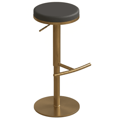 A modern adjustable bar stool featuring a round, dark grey upholstered seat and a polished brass finish on its metal components. The stool has a central cylindrical column for height adjustment, a curved circular footrest, and a sturdy flat disc base for stability. Its sleek design and material combination suggest a contemporary aesthetic. — 3D model (AI enhanced source)