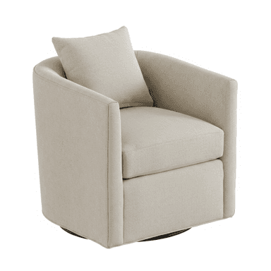An off-white or beige upholstered swivel chair with a contemporary barrel-back design. It features integrated arms, a removable seat cushion, and a loose back pillow, all covered in a textured fabric. The chair sits on a discreet black swivel base. — 3D model (AI enhanced source)