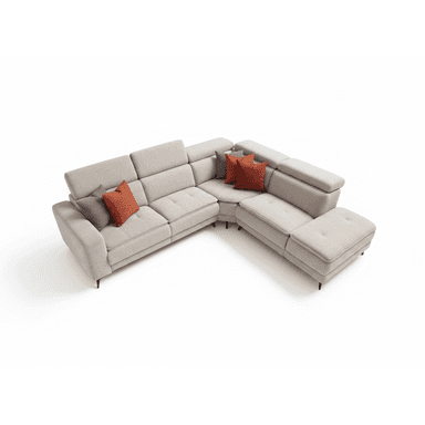 An L-shaped sectional sofa upholstered in a light beige or off-white fabric. The sofa features several modules, including an extended chaise-like section, and is characterized by individually adjustable headrests on each back cushion. The seat cushions are subtly tufted, and the sofa rests on slim, dark-colored metal legs. Several accent throw pillows in shades of orange, red, and grey are placed on the sofa. — 3D model (AI enhanced source)