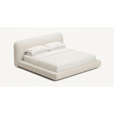 A contemporary platform bed featuring a generously upholstered frame and headboard in a light beige, textured fabric. The headboard has a gentle, rounded curve, and the entire bed maintains a low-profile design, suggesting a modern and minimalist aesthetic. It is shown with white bedding. — 3D model (AI enhanced source)