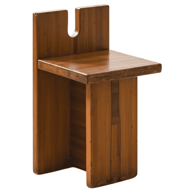 A rustic chair constructed from thick, stained wood slabs, featuring a solid seat, panel legs, and a tall backrest with a distinctive U-shaped cutout. The construction suggests a minimalist, brutalist aesthetic. — 3D model (AI enhanced source)