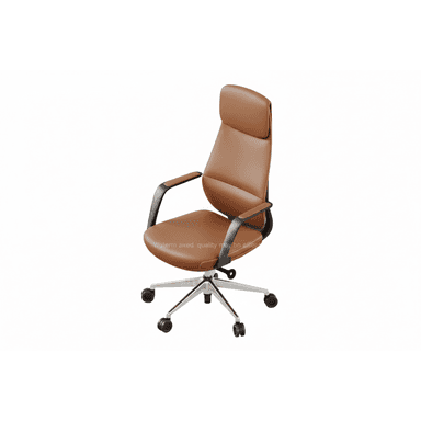 A high-back executive office chair featuring rich brown (cognac) leather upholstery, a padded headrest, and sleek ergonomic design. It includes black-framed armrests with padded tops, all supported by a polished chrome five-star base with black casters for mobility. — 3D model (AI enhanced source)