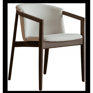 A chair with a wooden frame and upholstered seat and backrest. The frame has a modern design with clean lines and slightly curved armrests. The upholstery appears to be a textured boucle fabric. — 3D model (AI enhanced source)