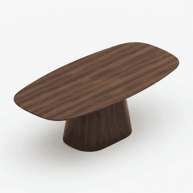 A modern dining or conference table featuring a dark walnut wood finish and a single, substantial pedestal base. The tabletop is elongated with rounded edges. — 3D model (AI enhanced source)