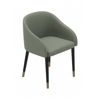 A modern upholstered armchair featuring a curved backrest and integrated armrests. The chair is upholstered in a smooth, matte olive green fabric or leatherette. It stands on four slender, tapered legs in a dark, likely black, finish, each capped with a brass or gold-toned ferrule at the foot. The design is minimalist and elegant. — 3D model (AI enhanced source)