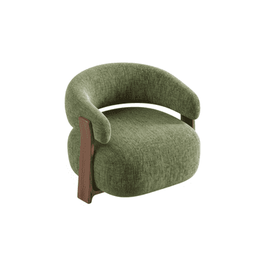 A contemporary lounge chair featuring a distinctive curved, fully upholstered form in a textured green fabric. The design includes two prominent, flat, dark wooden side supports that appear to cradle the upholstered body, providing stability and visual contrast. The seat and backrest are seamlessly integrated, presenting a soft, inviting aesthetic suitable for relaxation. — 3D model (AI enhanced source)