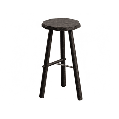 A dark-stained wooden stool featuring a faceted, octagonal seat and three splayed legs. A single brass rod functions as a footrest, elegantly connecting two of the legs. The wood grain is visible, adding a textured, rustic appeal to its minimalist design. — 3D model (AI enhanced source)