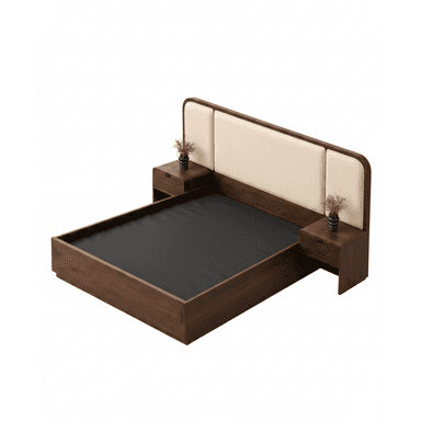 A contemporary platform bed made of dark walnut-finished wood, featuring an integrated upholstered headboard with light beige fabric panels and two attached nightstands with drawers and open shelves. — 3D model (AI enhanced source)