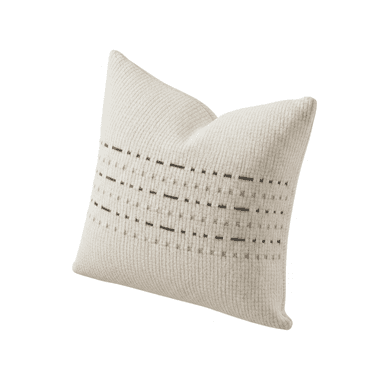 A square-shaped decorative throw pillow featuring a textured knitted pattern. The pillow is off-white or light beige with horizontal rows of dark gray, dashed accents interspersed within the knitted fabric, creating a subtle geometric design. The knitted texture appears soft and plush, and the pillow is shown at an angle, highlighting its plump form. — 3D model (AI enhanced source)