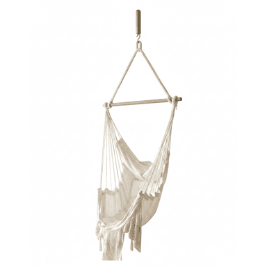 A single-person hammock swing chair made from off-white woven cotton fabric, suspended by braided ropes from a natural wooden spreader bar and a metal hanging hook. — 3D model (AI enhanced source)