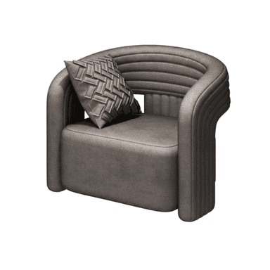 A dark grey upholstered barrel-style accent chair featuring horizontal channel tufting on the curved back and armrests, accompanied by a decorative geometrically patterned throw pillow. — 3D model (AI enhanced source)