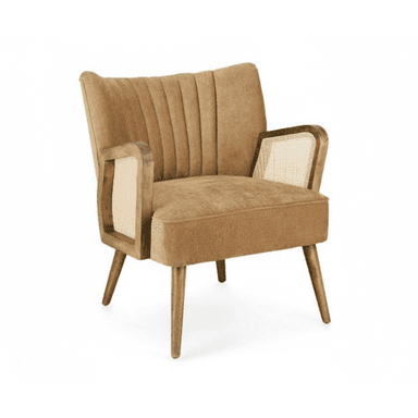 An upholstered armchair featuring a wooden frame with cane webbing inserts in the armrests and channel tufting on the backrest. The chair has a warm, light brown fabric upholstery and slender, tapered wooden legs. — 3D model (AI enhanced source)
