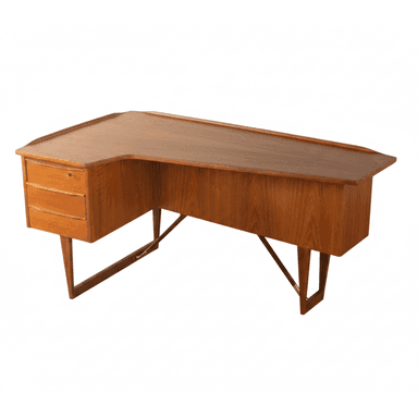 A Mid-Century Modern L-shaped corner desk made of teak wood, featuring three integrated drawers and distinctive tapered legs with brass stretchers. — 3D model (AI enhanced source)