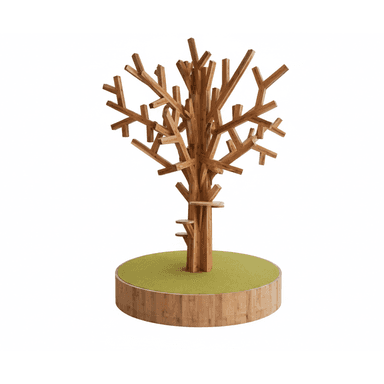A tree-shaped display stand constructed from wooden elements. It features a central trunk-like structure branching out into numerous wooden slats, creating a visually complex and artistic form. Integrated into the structure are small platforms, possibly for displaying items. The base is a circular platform covered with green material, resembling grass, and encircled by a wooden base. — 3D model (AI enhanced source)