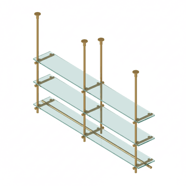 A three-tier shelving unit suspended from the ceiling. It features transparent glass shelves supported by a brass-colored metal frame, consisting of vertical poles and horizontal connecting rods. — 3D model (AI enhanced source)