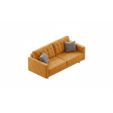 A contemporary two-seater sofa, commonly known as a loveseat, upholstered in a vibrant orange fabric. It features button-tufted back cushions that provide visual texture, complementing the smooth seat cushions. The sofa has clean, square track arms and is supported by subtle, low-profile dark legs. Two contrasting gray accent pillows are included, adding a touch of modern contrast to the design. — 3D model (AI enhanced source)