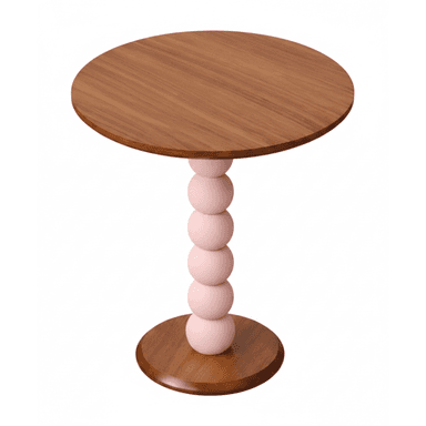 A modern round side table featuring a distinct spherical pedestal base. The circular tabletop and the matching round base are finished in a natural wood tone with visible grain. The central pedestal is composed of five stacked, graduated spheres painted a soft pink color, providing a striking two-tone contrast to the wood elements. — 3D model (AI enhanced source)
