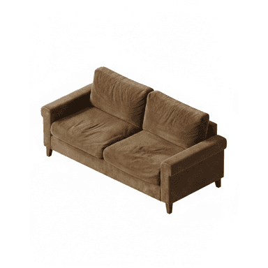 A two-seater sofa upholstered in brown corduroy fabric. The sofa features plush seat cushions and back cushions, with wide armrests. It is supported by short, dark wooden legs. — 3D model (AI enhanced source)