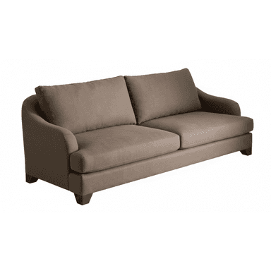A contemporary three-seater sofa upholstered in a neutral taupe fabric, featuring gently curved arms, two seat cushions, two loose back cushions, and supported by low-profile tapered wooden block feet. — 3D model (AI enhanced source)