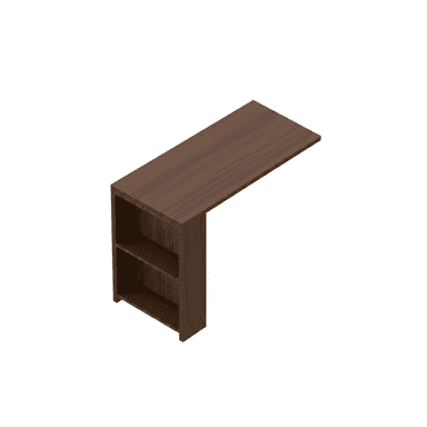 A dark brown wood-grain desk featuring a long, rectangular cantilevered top surface supported by an integrated shelving unit with two open shelves. — 3D model (AI enhanced source)
