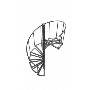 A spiral staircase constructed from metal. It features a central vertical pole supporting a series of wedge-shaped steps that spiral upwards. Vertical railings along the outer edge provide support and safety. The metal shows signs of rust and weathering. — 3D model (AI enhanced source)