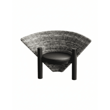 A modern armchair featuring a distinctive, wide, fan-shaped backrest upholstered in a speckled black and white textured fabric. The circular seat cushion is upholstered in smooth black material, likely leather or faux leather. The chair is supported by two thick, cylindrical black posts that serve as both legs and structural support, creating a striking visual contrast with the enveloping backrest. — 3D model (AI enhanced source)