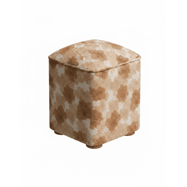 A square-shaped upholstered ottoman with a slightly domed top cushion and four low, round feet. The fabric features an abstract, mottled pattern in shades of light and dark brown and beige. — 3D model (AI enhanced source)