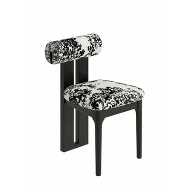 A modern chair with a distinctive silhouette. The seat and backrest are upholstered in fabric with a black and white abstract pattern, resembling foliage or a chaotic floral design. The frame and legs are constructed from a dark material, likely wood or metal, with a matte black finish. The backrest features a unique cylindrical padded element for lumbar support. — 3D model (AI enhanced source)