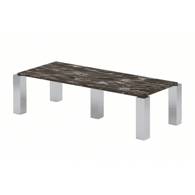 A rectangular coffee table featuring a dark brown marble top with prominent veining, supported by four sleek, rectangular metallic legs. — 3D model (AI enhanced source)