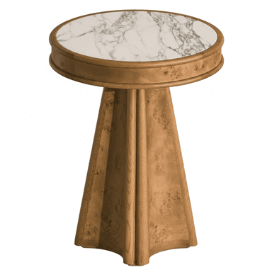 A round end table with a marble top and a wooden base. The top is circular and features a white marble surface with grey veining. The edge of the top is a wooden frame. The base is a single pedestal that flares out towards the bottom, constructed from wood with a burl grain pattern. The base has vertical fluting or grooved details. — 3D model (AI enhanced source)