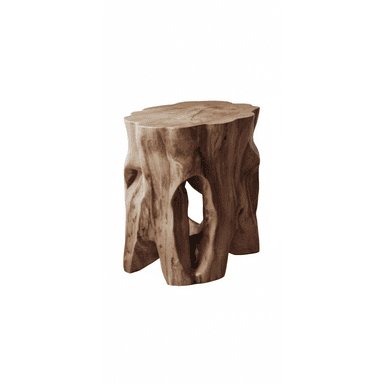 A sculptural stool or side table carved from a solid piece of natural wood, featuring an irregular, organic shape with natural edges and hollowed-out sections, showcasing the wood's inherent grain and texture. — 3D model (AI enhanced source)