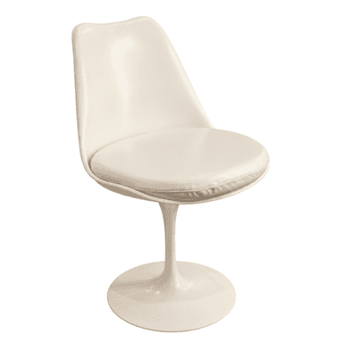 An off-white, armless dining chair featuring a molded fiberglass or plastic shell seat with an integrated, removable upholstered cushion, all supported by a distinctive single pedestal base that flares out to a circular footprint. — 3D model (AI enhanced source)