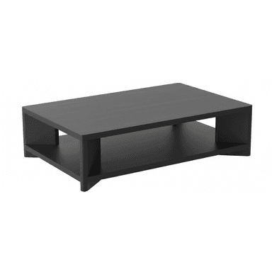 A rectangular, dark-colored coffee table featuring a two-tier design with an open storage shelf. The table has a modern, minimalist aesthetic with clean lines and integrated side supports that subtly flare at the base, functioning as feet. — 3D model (AI enhanced source)