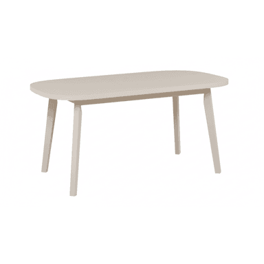 A minimalist oval coffee table with a light beige finish, featuring a smooth, rounded tabletop supported by four splayed and tapered legs. — 3D model (AI enhanced source)