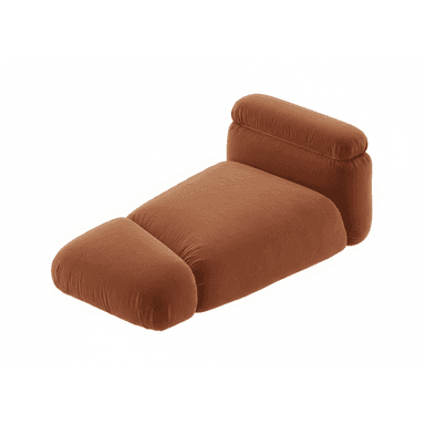 A plush, contemporary chaise lounge upholstered in a warm, rust-colored velvet-like fabric, featuring soft, rounded forms and a distinct extended footrest section. — 3D model (AI enhanced source)