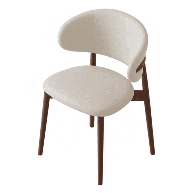 A contemporary armless chair featuring a gently curved, upholstered seat and a separate, distinctive curved backrest, all in a light cream or off-white color, supported by four splayed dark wood legs. — 3D model (AI enhanced source)
