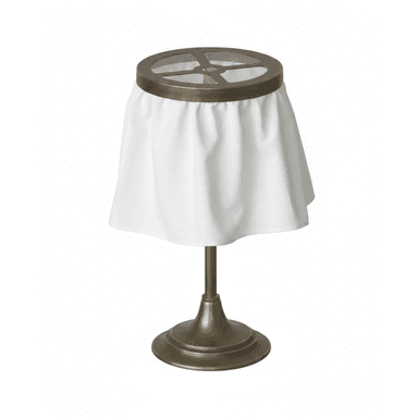 A table lamp featuring an antiqued brass finish pedestal base, a slender brass stem, and a distinctive draped white fabric shade. The shade is suspended from a circular brass frame with an integrated cross-patterned grille at the top, allowing for light diffusion. The white fabric drapes softly, creating a unique silhouette. — 3D model (AI enhanced source)