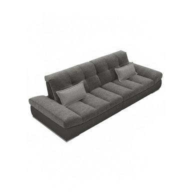 A modern two-tone sofa featuring a dark gray base and lighter gray fabric for the seat and back cushions. The seat and back cushions are distinctively tufted, creating a structured yet plush appearance. Two small, lighter gray rectangular accent pillows are included. The armrests are integrated into the overall low-profile design, blending seamlessly with the seat structure. The sofa rests on a subtle, possibly chrome-finished, minimalist base. — 3D model (AI enhanced source)