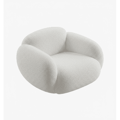 A modern, armless lounge chair featuring a soft, rounded, and organic silhouette, fully upholstered in a textured, off-white boucle fabric. The chair exhibits a plush, inviting form designed for comfort, with continuous, flowing lines that create a cloud-like aesthetic. It has a low profile suitable for contemporary living spaces. — 3D model (AI enhanced source)